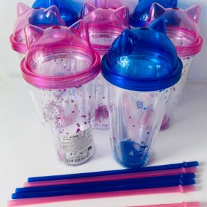 Lote x8 vasos de plástico, con sorbito: celeste y rosa, lentejuelas, diseño infantil