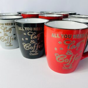 Lote x12 tazas de cerámica: rojo, negro y blanco. Con diseño