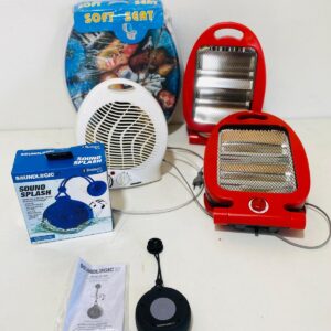 Lote x6 artículos: 2 estufas, 1 caloventilador, 1 tapa inodoro, 2 parlantes acuáticos