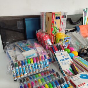 Lote x76: bolso, cartucheras, lapiceras, marcadores y otros