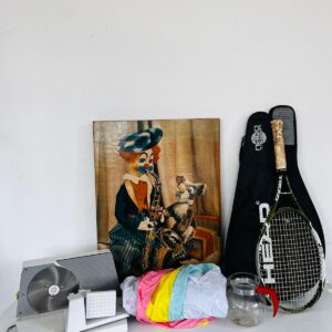 Lote x6: cortadora de fiambre, raqueta, piscina infantil, cuadro y otros